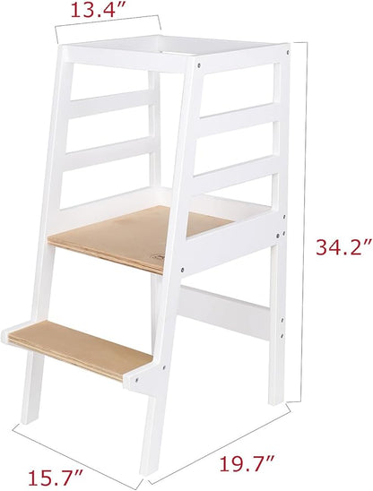 Toddler Kitchen Step Stool White Helper Standing Tower with Anti-Slip Protection for Kids Kitchen Counter Learning (Large, White)