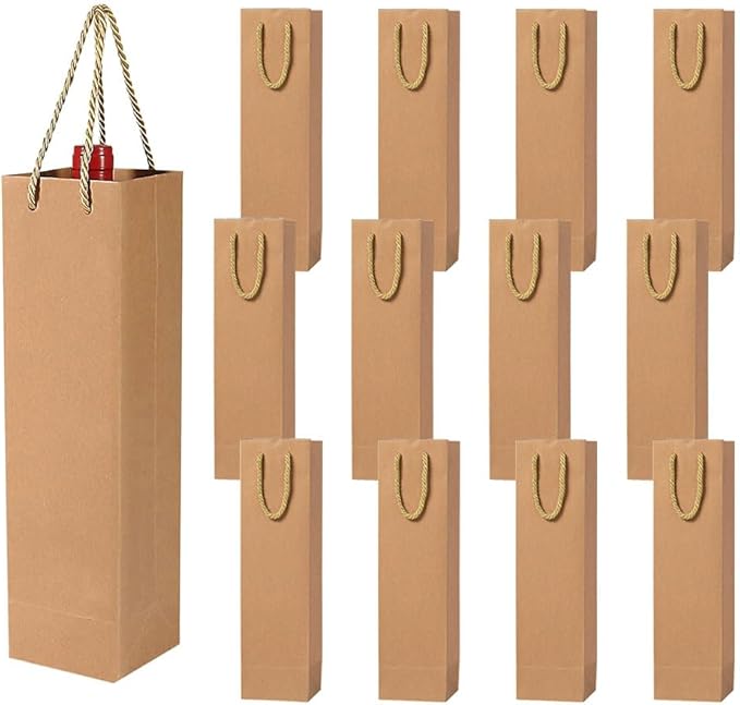 12 Pack 3.7 x 3.5 x 13.8 Wine Bags Bulk Kraft Paper Wine Gift Bags with Handles, Wine Bottle Paper Bags Retail bags for Christmas New Year Holiday Celebrations Birthday Festival Wedding