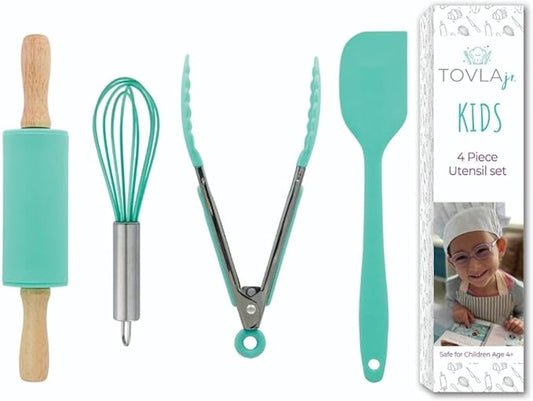 Tovla Jr. Kids Cooking Utensils Set - 4-Piece Kids Kitchen Tools - Safe Kids Baking Set - Food Grade Toddler Chef Supplies - Gender Neutral Silicone Cookware Kit with Spatula Whisk Tongs Rolling Pin