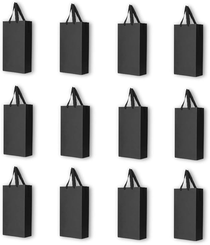 12 Pack 2 Bottles Wine Carrier Tote Holders, Black Paper Wine Champagne Gift Bottle Carrying Bags with Handles for Christmas Business Wedding Baby Shower