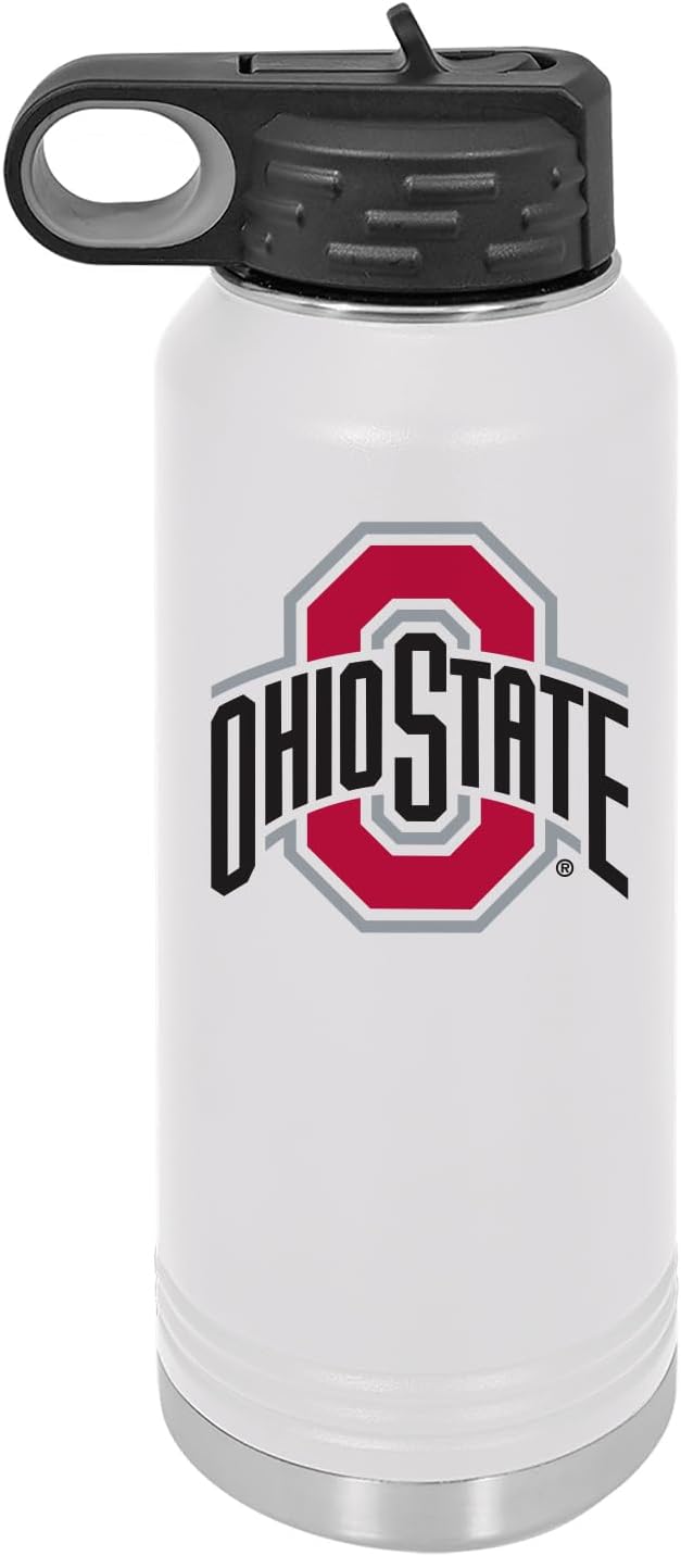 Ohio State University 32oz Stainless Steel Double Walled White Beverage Bottle with Flip Straw Spout - College Gear for Playoff Season – For Office, Home or Auto – Show your Buckeye Pride