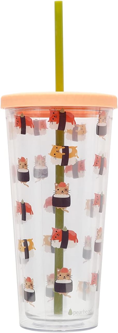 Pearhead Cat Sushi Water Tumbler, Pet Owner Travel Tumbler Cat Accessory, Cat Owner Water Cup for at Home or On-The-Go, Drink Tumbler with Twist on Lid and Reusable Straw, 22oz