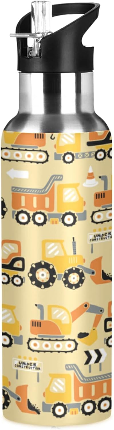 xigua 22 OZ Construction Vehicles Cartoon Water Bottle with Straw, Sports Water Bottle BPA Free Stainless Steel Water Jugs for Gym, Kitchen, Working, Outdoor