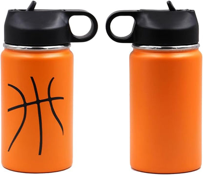 12 oz Basketball Water Bottle, Sports Canteen Metal Travel Tumbler with 2 Lids 18/8 Stainless Steel Double Wall Vacuum Insulated Water Bottles (12oz, Basketball)