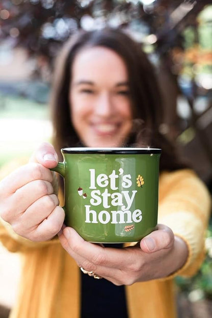 Pearhead Let's Stay Home Mug, Autumn Home Dećor Accessories, Fall Holiday Kitchen Decor, Coffee or Tea Cup, Green, 15oz