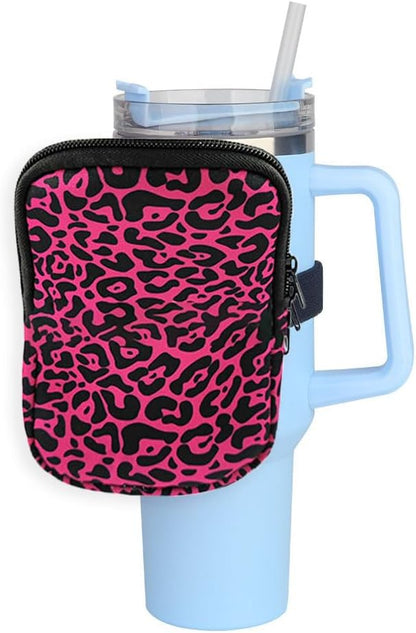 1 Pack Double Pockets Water Bottle Pouch Fit for Stanley Quencher Adventure 40oz & 30oz & 20oz Tumbler, Gym Water Bottle Pouch Running Water Bottle Handheld Caddy - Red Leopard Print