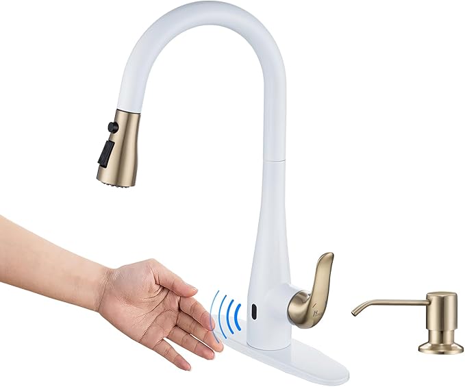 Touchless Kitchen Faucet with Soap Dispenser and Pull Down Sprayer - Single Handle Sensor Kitchen Sink Faucet, 1 or 3 Hole Design for Modern Farmhouse Kitchens, Rv, and Bar Sinks(Whit and Gold)