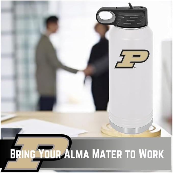 Purdue University 32oz Stainless Steel Double Walled White Beverage Bottle with Flip Straw Spout - College Gear for Playoff Season – For Office, Home or Auto – Show your Boilermaker Pride