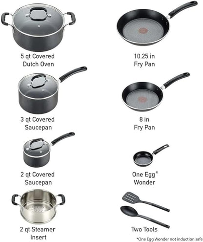 T-fal Experience Nonstick Cookware Set 12 Piece, Induction, Oven Broiler Safe 350F, Kitchen Cooking Set w/ Fry Pans, Saucepan, Stockpot, Kitchen Utensils, Pots and Pans, Dishwasher Safe, Black