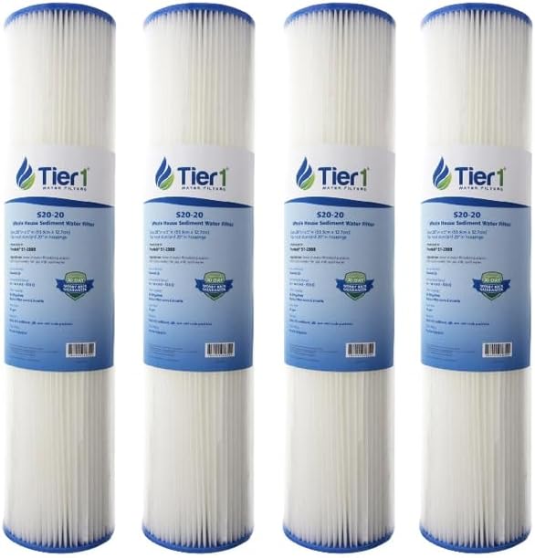 Tier1 20 Micron 20 Inch x 4.5 Inch | 4-Pack Pleated Cellulose Whole House Sediment Water Filter Replacement Cartridge | Compatible with Pentek S1-20BB, 155305-43, W20CLHD20, Home Water Filter