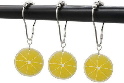 Yellow Lemon Shower Curtain Hooks for Bathroom, Rustproof Stainless Steel Decorative Shower Curtain Rings with Simulated Lemon Slice Pendant for Fruit Summer Theme Bathroom Decor (A)