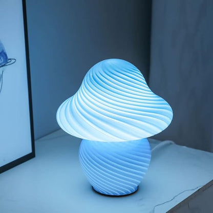 Mushroom Lamp, Small Table Lamp with Sea Blue Striped Glass, Cute Little Swirl Navy Blue Nightstand Lamp for Bedroom Bedside Dorm Living Kitchen, Modern Aesthetic Lamp for Home Decor Gift