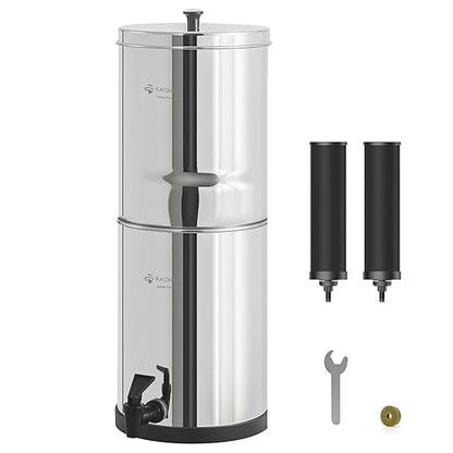 1.5G Stainless Steel Gravity-Fed Water Filter System with 2 Black Purification Filter and Metal Spigot, NSF/ANSI 42 Certification, Reduces up to 99% of Chlorine, for Home, Camping, Outdoor