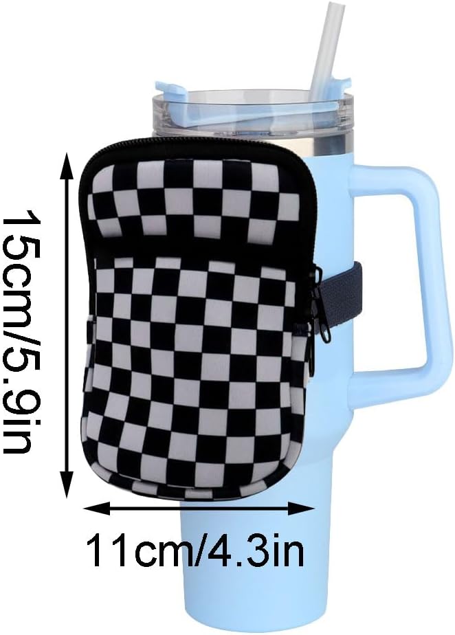 1 Pack Double Pockets Water Bottle Pouch Fit for Stanley Quencher Adventure 40oz & 30oz & 20oz Tumbler, Gym Water Bottle Pouch Running Water Bottle Handheld Caddy - Black and White Lattice