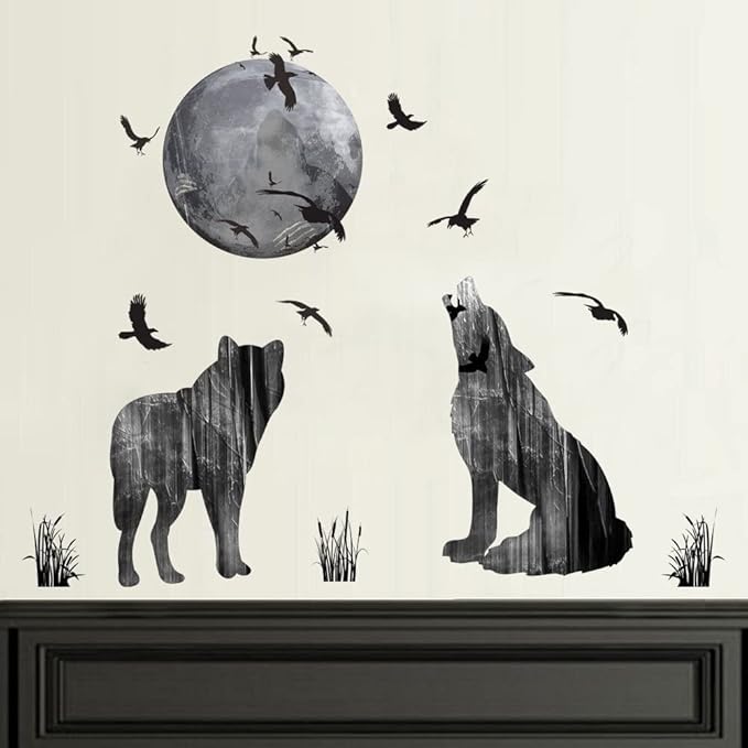 Wall Stickers Wolf and Moon Wall Decor Decal Art Animal Murals Removable PVC DIY Wall Decoration Paper Poster for Bedroom Kitchen Living Room Nursery Rooms Offices