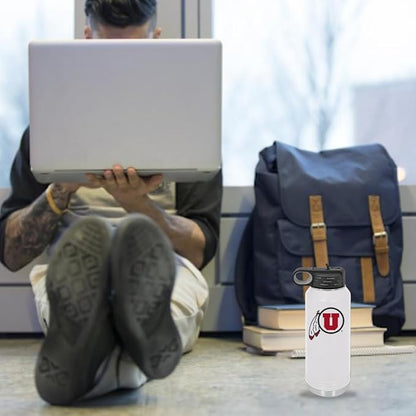 University of Utah 32oz Stainless Steel Double Walled White Beverage Bottle with Flip Straw Spout - College Gear for Playoff Season – For Office, Home or Auto – Show your Utes Pride