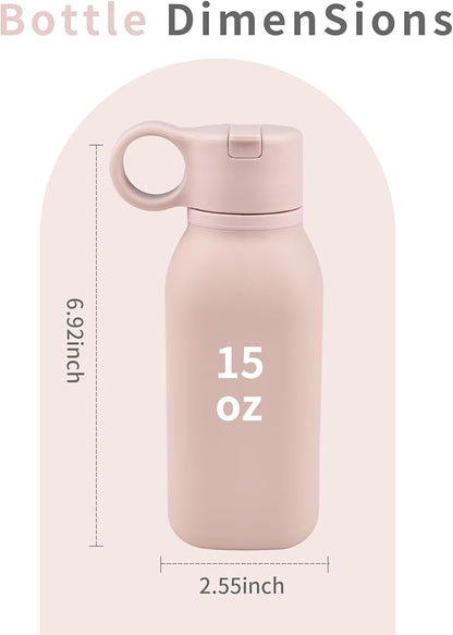 15oz/450ml Water Bottle, Silicone Travel Water Cup Leak-Proof/BPA Free Lightweight Sports Fitness Essential with Straw for Home Gym Work/Running/Camping/Hiking, Easy Carrying, Rose Pink