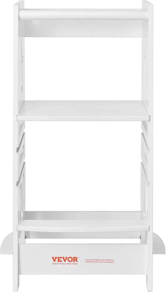 VEVOR Tower Step Stool, 3-Level Height Adjustable Toddler Step Stools for Kids, Kitchen Stool Helper, Bamboo Standing Tower Learning Stool with Safety Rail for Kitchen Counter Bathroom, 350LBS, White