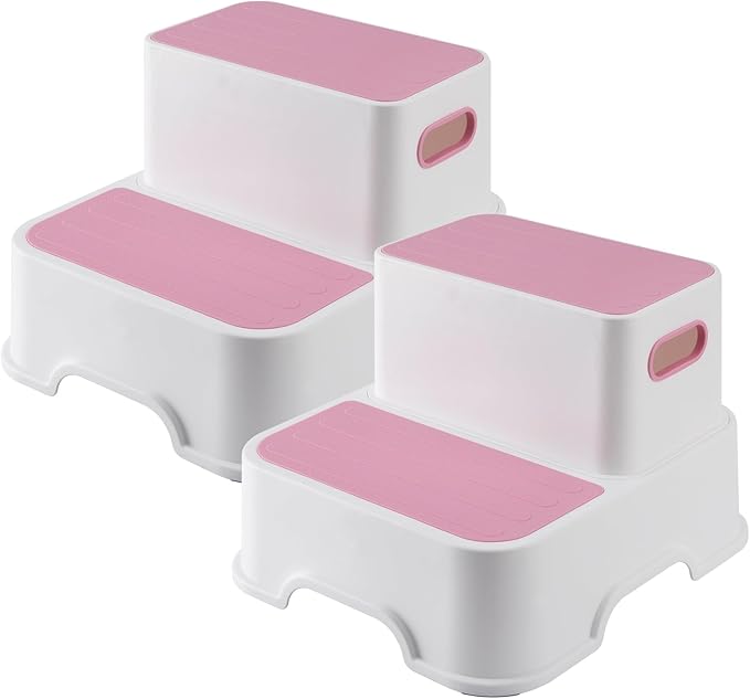 Toddler Step Stool for Bathroom Sink - 2 Step Stools for Kids, Non-Slip Double up Baby Child Toddler Stepping Stool for Potty Training, Kitchen, Bedroom, Toilet Step Stool for Kids (2 Pack, Pink)