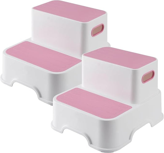 Toddler Step Stool for Bathroom Sink - 2 Step Stools for Kids, Non-Slip Double up Baby Child Toddler Stepping Stool for Potty Training, Kitchen, Bedroom, Toilet Step Stool for Kids (2 Pack, Pink)