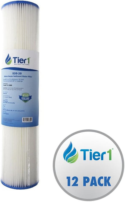 Tier1 20 Micron 20 Inch x 4.5 Inch | 12-Pack Pleated Cellulose Whole House Sediment Water Filter Replacement Cartridge | Compatible with Pentek S1-20BB, 155305-43, W20CLHD20, Home Water Filter