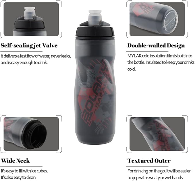 Zsling Bottle Sport Squeeze Insulated Water Bottle 20 oz BPA Free, Sport Bike Squeeze Bottle (Black red-20oz)