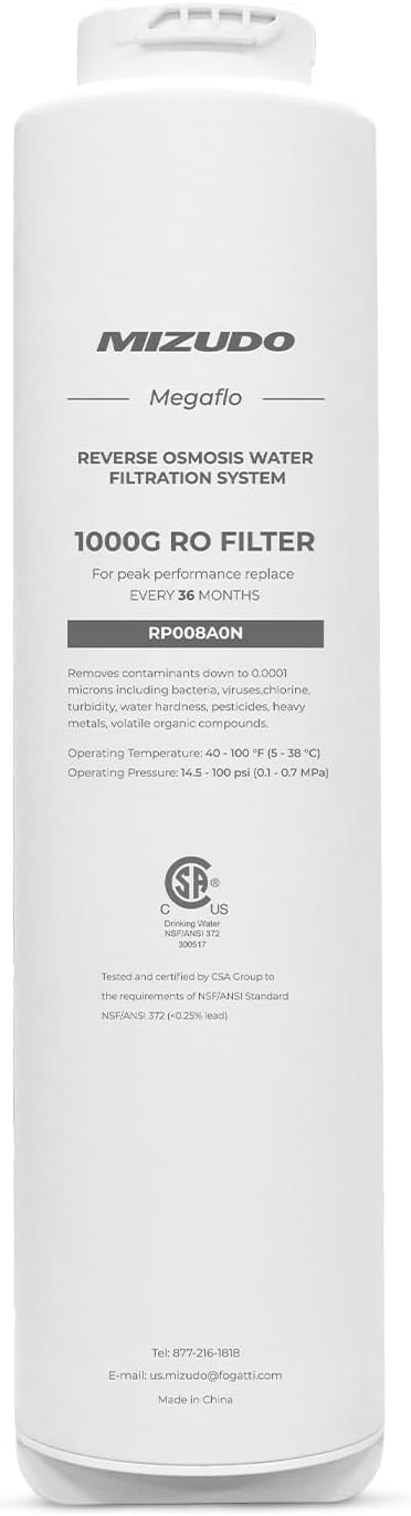 1000GPD RO Filter, Replacement for MIZUDO Megaflo 1000GPD Reverse Osmosis System, 36-month Lifetime, 0.0001 Micron RO Membrane