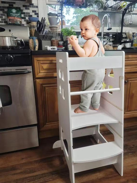 Toddler Kitchen Stool Helper, Kitchen Step Stool for Kids with Safe Rail, Baby Adjustable Learning Standing Tower for Kitchen Counter & Bathroom Sink(White)