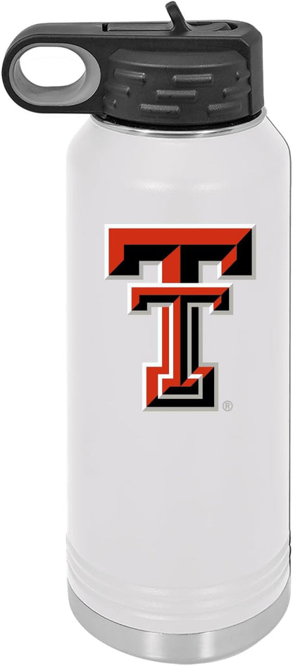 Texas Tech University 32oz Stainless Steel Double Walled White Beverage Bottle with Flip Straw Spout - College Gear for Playoff Season – For Office, Home or Auto – Show your Red Raider Pride