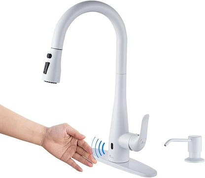 Touchless Kitchen Faucet with Soap Dispenser and Pull Down Sprayer - Single Handle Sensor Kitchen Sink Faucet, 1 or 3 Hole Design for Modern Farmhouse Kitchens, Rv, and Bar Sinks (White)