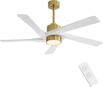 WINGBO 54" ABS DC Ceiling Fan with Lights, 5 Blade ABS Plastic Ceiling Fan with Remote, 6-Speed Reversible DC Motor, LED Ceiling Fan for Kitchen Bedroom Living Room, Brass and White