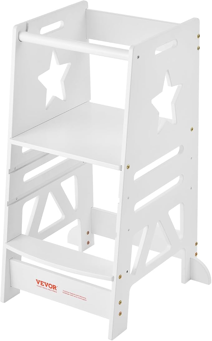 VEVOR Tower Step Stool, 3-Level Height Adjustable Toddler Step Stools for Kids, Kitchen Stool Helper, Bamboo Standing Tower Learning Stool with Safety Rail for Kitchen Counter Bathroom, 350LBS, White