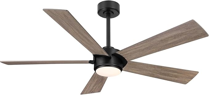 54" Ceiling Fan with Light and Remote Control, Modern Dimmable LED Light, 6-Speed Noiseless Reversible DC Motor, 5 Plywood Ceiling Fan for Kitchen Bedroom Living Room Black/Wood Color