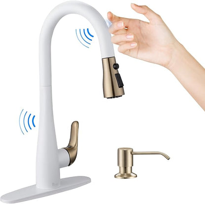 Touch on Kitchen Faucet with Soap Dispenser and Pull Down Sprayer - Single Handle Kitchen Sink Faucet, 1 or 3 Hole Design for Modern Farmhouse Kitchens, Rv, and Bar Sinks (Whit and Gold)