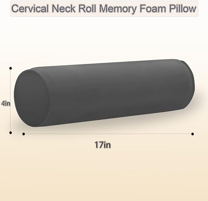 Round Cervical Roll Cylinder Bolster Pillow, 4" x 17" Orthopedic Cervical Roll Memory Foam Ergonomically Pillow forBed， Car, Office and Home Use，with Washable Cover (Dark Grey)