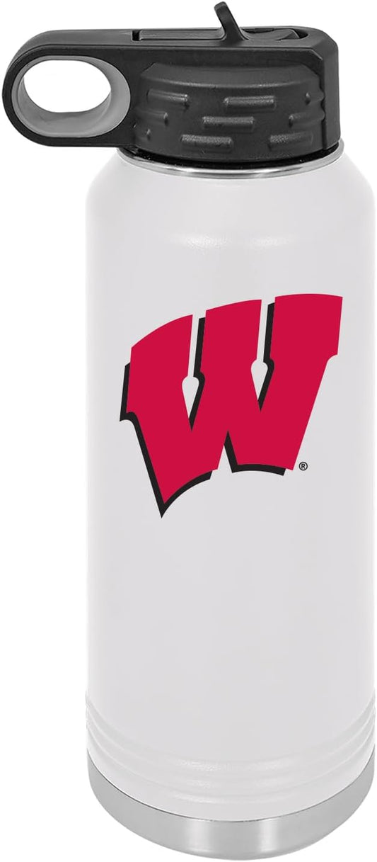 University of Wisconsin 32oz Stainless Steel Double Walled White Beverage Bottle with Flip Straw Spout - College Gear for Playoff Season – For Office, Home or Auto – Show your Badgers Pride