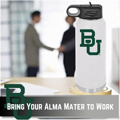 Baylor University Bears 32oz Stainless Steel Double Walled White Beverage Bottle with Flip Straw Spout – College Gear for Playoff Season – For Office, Home or Auto – Show your Baylor Pride