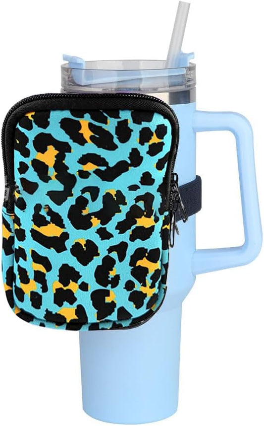 1 Pack Double Pockets Water Bottle Pouch Fit for Stanley Quencher Adventure 40oz & 30oz & 20oz Tumbler, Gym Water Bottle Pouch Running Water Bottle Handheld Caddy - Blue Leopard Print