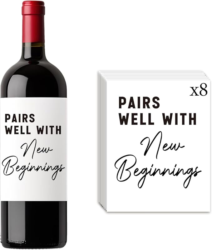 8 Pcs New Beginnigs Wine Labels, New Job New Home Retirement Graduation Wedding Gifts for Women Men, Housewarming Gifts New Home, Pairs Well with New Beginnigs Wine Bottle Stickers Labels