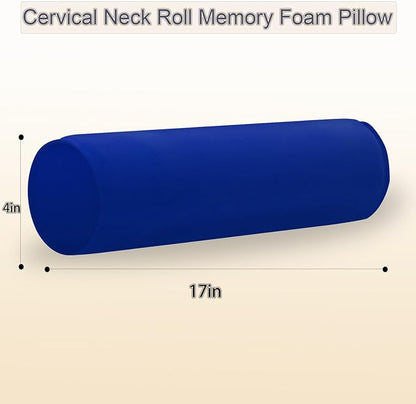 Round Cervical Roll Cylinder Bolster Pillow, 4" x 17" Orthopedic Cervical Roll Memory Foam Ergonomically Pillow forBed， Car, Office and Home Use，with Washable Cover (Blue)