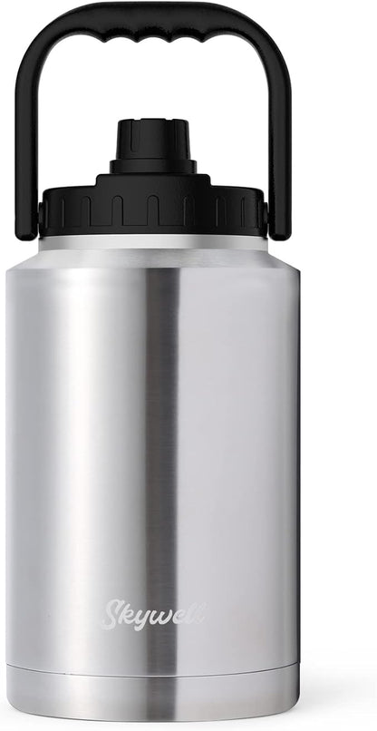 1 Gallon Insulated Water Bottle with Handle and Wide Mouth Water Flask Sweat-Proof and Leak-Proof 128 Oz Stainless Steel Water Jug for Outdoors, Silver