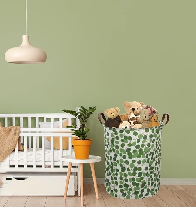 Woodland Hamper,Nursery Hamper Canvas Jungle Laundry Basket Green Storage Baskets for Kids Room Decor,Office,Toy Organizer,Home Decor(Leaves)