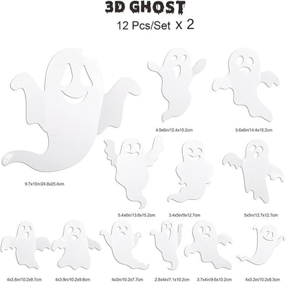 24Pcs Halloween Ghost Wall Decor 3D Ghost Stickers Decor Reusable Cute Halloween Decor Self-Adhesive White Ghost Wall Decorations for Gothic Window Door Wall Room Closet Halloween Home Decor Stickers