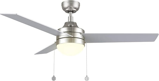 52 Inch Silver Pull Chain Ceiling Fan with Light, 3-color LED Light Adjustable, 5 Speeds Quiet Reversible DC Motor, 3 Plywood Blades Modern Ceiling Fan for Living Room, Bedroom, Kitchen