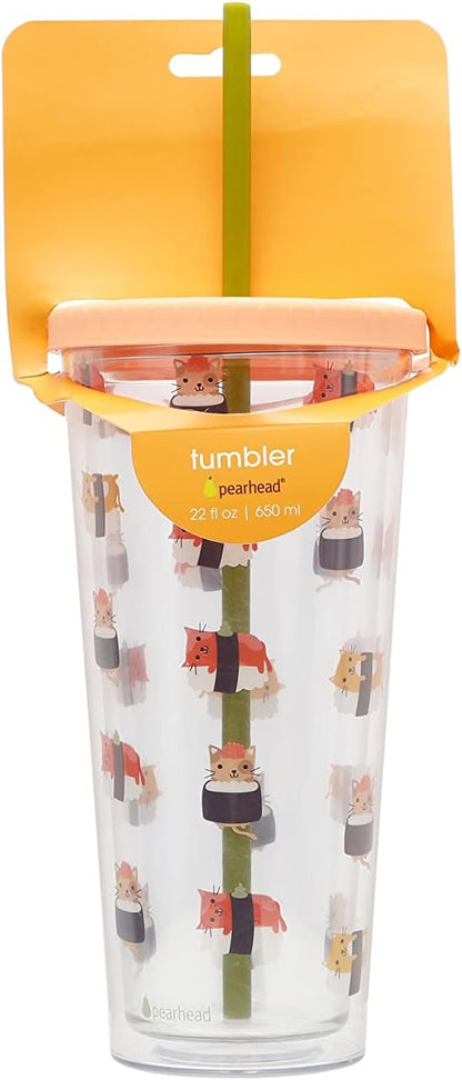 Pearhead Cat Sushi Water Tumbler, Pet Owner Travel Tumbler Cat Accessory, Cat Owner Water Cup for at Home or On-The-Go, Drink Tumbler with Twist on Lid and Reusable Straw, 22oz