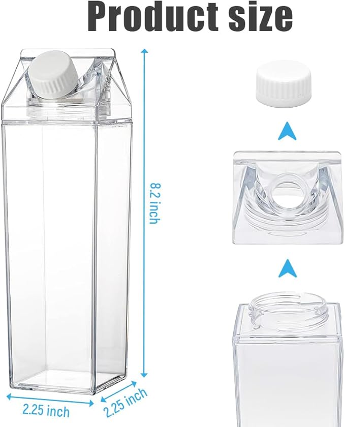 2 Pack 17oz Milk Carton Water Bottle, Reusable Square Plastic Milk Bottles, Portable Clear Milk Carton Container, Leakproof Coffee Juice Tea Jug for Outdoor Sports Travel Camping