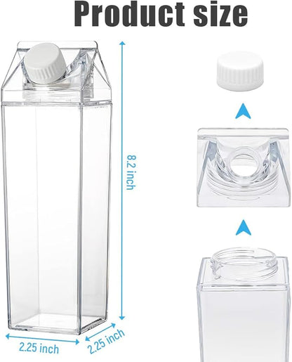 2 Pack 17oz Milk Carton Water Bottle, Reusable Square Plastic Milk Bottles, Portable Clear Milk Carton Container, Leakproof Coffee Juice Tea Jug for Outdoor Sports Travel Camping