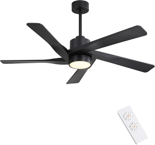 WINGBO 64" ABS DC Ceiling Fan with Lights, 5 Blade ABS Plastic Ceiling Fan with Remote, 6-Speed Reversible DC Motor, LED Ceiling Fan for Kitchen Bedroom Living Room, Matte Black