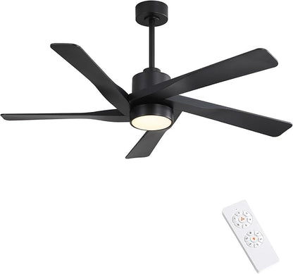 WINGBO 54" ABS DC Ceiling Fan with Lights, 5 Blade ABS Plastic Ceiling Fan with Remote, 6-Speed Reversible DC Motor, LED Ceiling Fan for Kitchen Bedroom Living Room, Matte Black