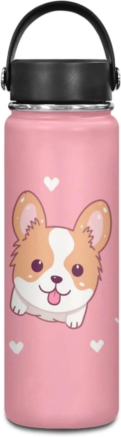 ZOUTAIRONG Corgi Insulated Water Bottle 18 oz Cute Dog Stainless Steel Sports Metal Water Flask Water Cup Mug Reusable Water Bottle Jug for Daily Use, Travel, School Kawaii Puppy Pink